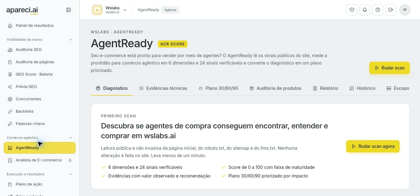Interface do AgentReady com diagnóstico de prontidão para comércio agêntico