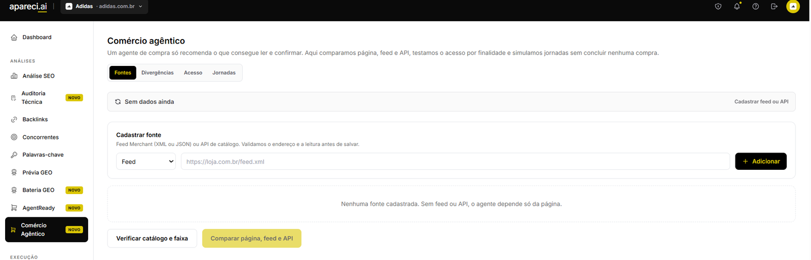 Tela real do Analista de E-commerce para cadastrar feed ou API e comparar fontes