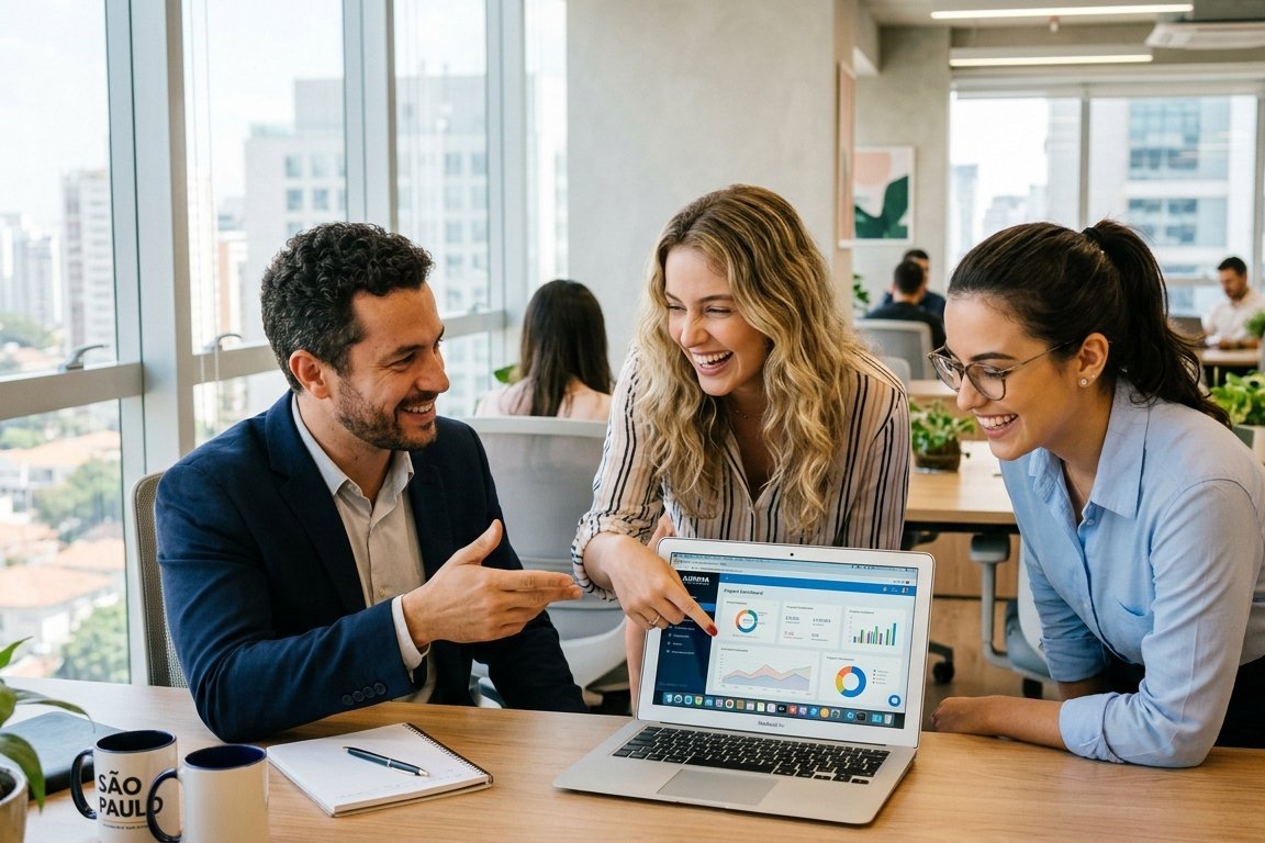 Equipe brasileira analisando a presença da marca no Google e nas IAs em um escritório em São Paulo